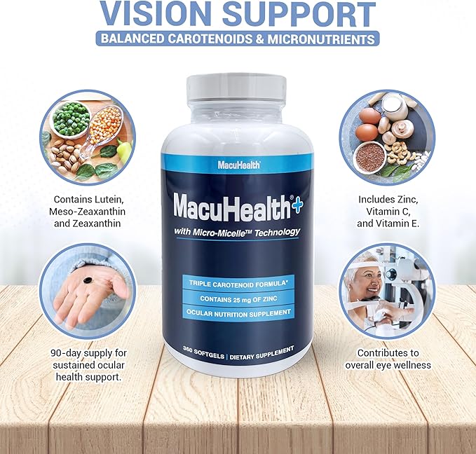 Macuhealth Plus+ Eye Vitamins Supplement for Adults - 90 Day Supply with Lutein Zeaxanthin and Meso-Zeaxanthin - Unflavored Vitamin for Eyes
