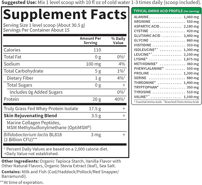 Garden of Life SPORT Whey Protein Powder Vanilla Flavor 20g Plus Marine Collagen Peptides &amp MSM for Women and Men Optimum Amino Energy Younger Healthier Looking Skin - Grass Fed About 15 Servi