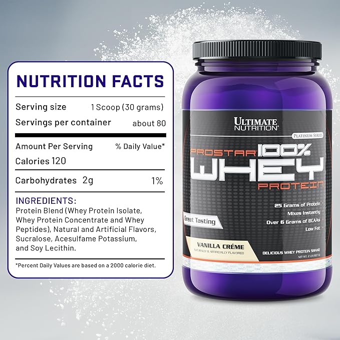 Ultimate Nutrition Prostar Whey Protein Powder Isolate Vanilla - Low Carb High Protein Powder Shake for Muscle Gain &amp Recovery - Low Sodium Low-Fat &amp Keto Friendly - 2 lbs Tub