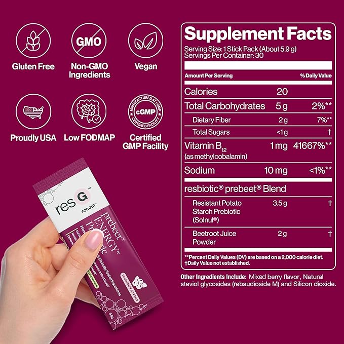 resG prebeet Prebiotic - Fiber Digestion Supplement Drinkable Powder Packets for Women &amp Men On the Go Gut Health Drink Mix Gluten Free Sugar Free - 30 Stick Packs