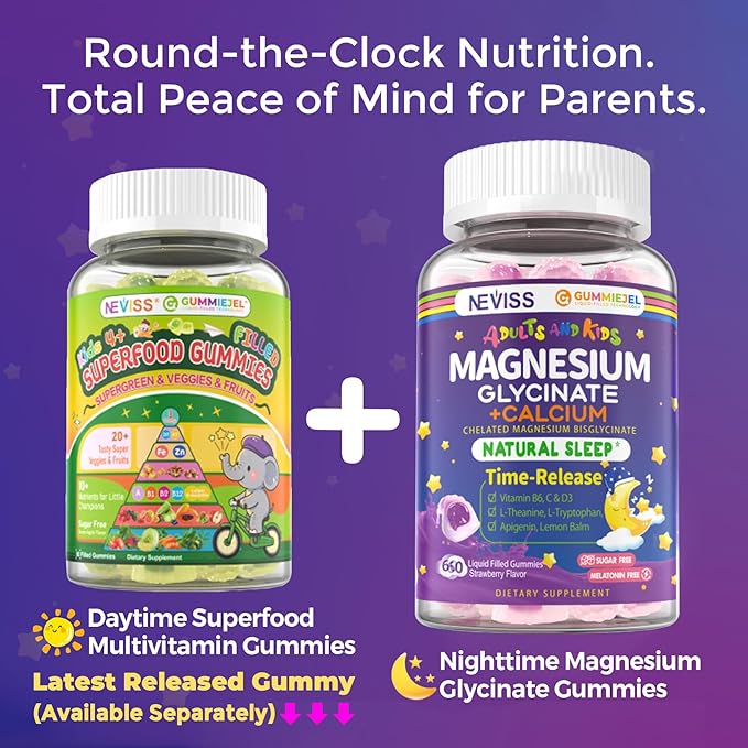 Neviss Magnesium Glycinate + Calcium Filled Gummies for Adults and Kids 4+ Kids Sleep Gummies Melatonin Free Sugar Free Magnesium Supplement with B6 D3 L-Theanine for Zzz &amp Relax BrainBoneMu