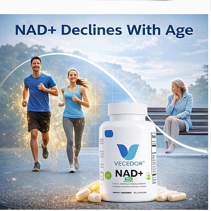 NAD+ Supplement – Cellular Energy Booster &amp Anti Aging Support Brain Focus &amp Metabolism Support Mitochondrial Health Non-GMO Vegan Capsules Resveratrol 60 Count