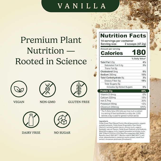 Field's Great All-in-One Plant-Based Vanilla Protein Shake Powder – Healthy Aging 30g Protein 5g Fiber + Probiotics Gut-Friendly Blood Sugar &amp Muscle Support Vegan Meal Replacement GLP1 23o