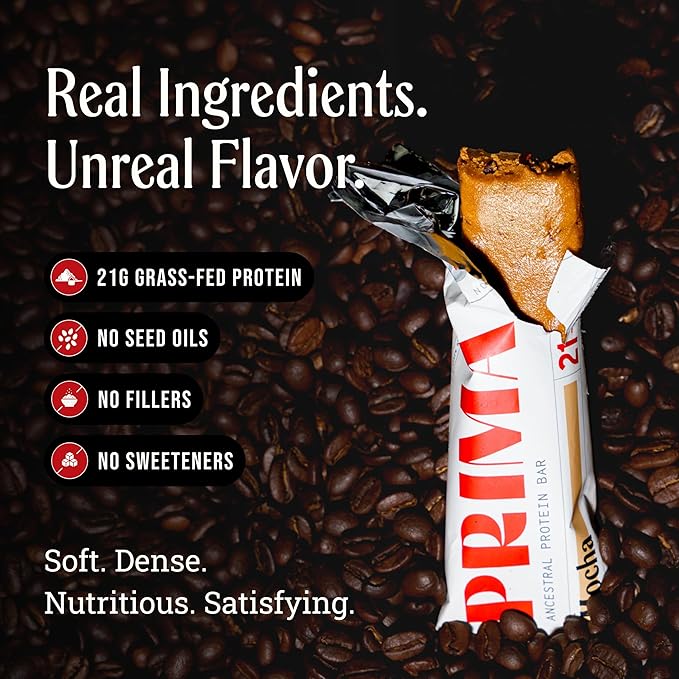PRIMA ANCESTRAL PROTEIN BAR Grass Fed Protein Bars - 21G Protein – Animal-Based Protein Bar with Beef Tallow Raw Honey Seed Oil Free Low Carb Gluten-Free – Mocha - 7 Pack