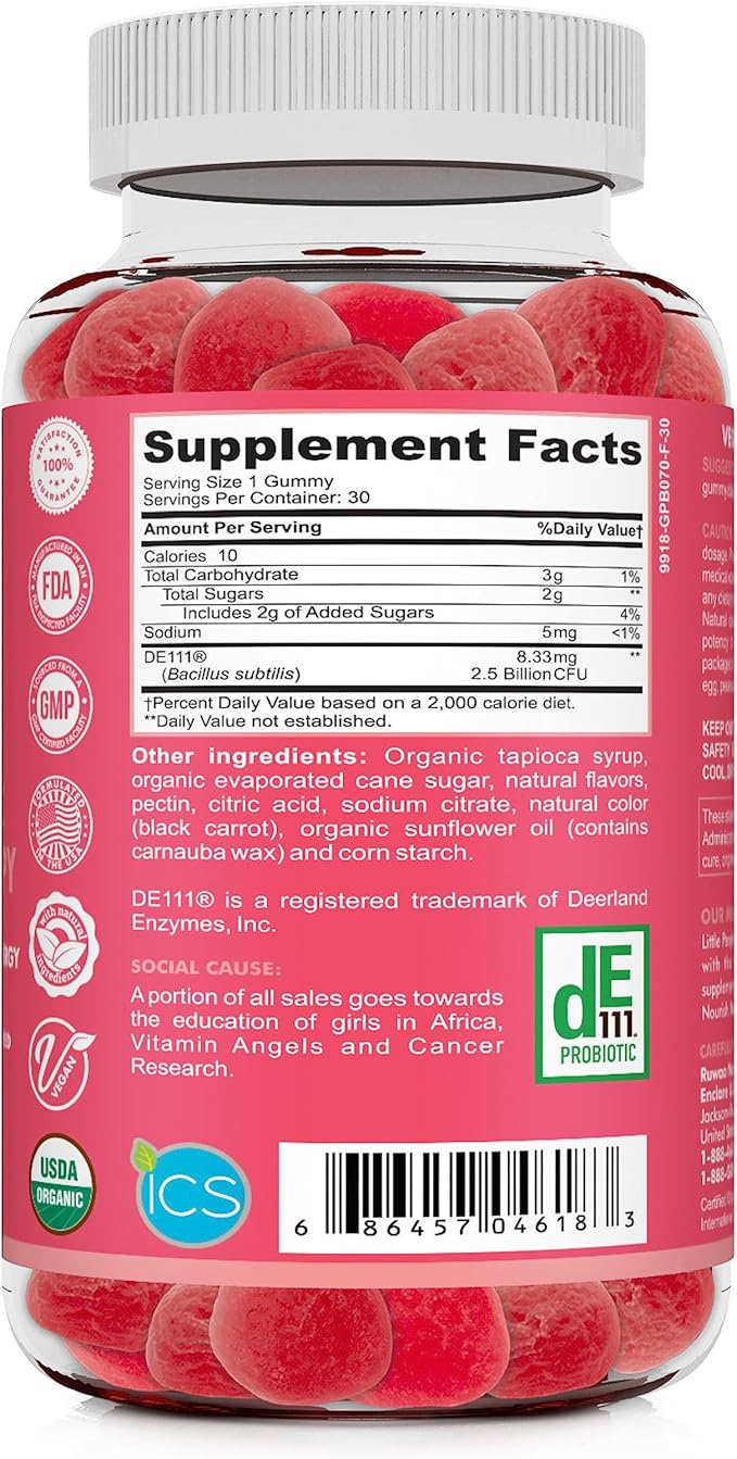Kids Probiotic Gummies Organic Probiotics Kids for Digestive Health Immune Support Constipation Bloating. 2.5 Billion CFU Strawberry Flavor Chewable Probiotics for Children Ages 4+ 30ct (1)