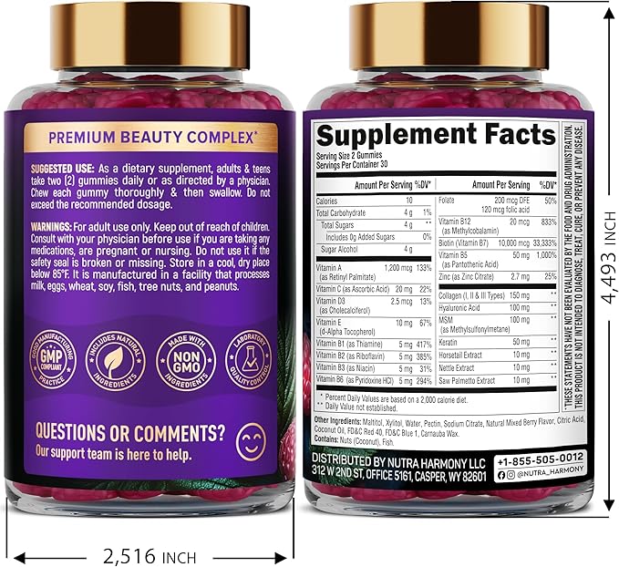 Biotin Gummies with Collagen - Hair Growth Support Skin &amp Nail Strength - for Women &amp Men - Biotin 10000mcg | Keratin | Hyaluronic Acid | B-Complex | Saw Palmetto - Sugar-Free Mixed Berry P