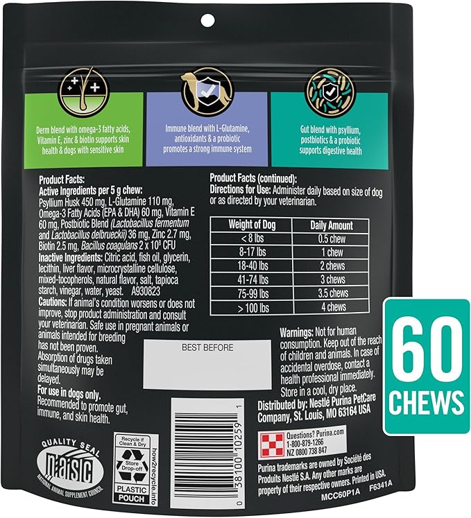 Purina Pro Plan Veterinary Supplements Multi Care Canine Chews for Dogs with Omega 3 Supports Skin Immune and Gut Health - 30ct Pouch (Pack of 2)