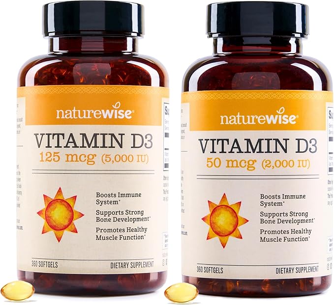 NatureWise Vitamin D3 5000IU (125 mcg) + Vitamin D3 2000IU (50 mcg) - 360 Count Each - Bundle for Healthy Muscle Function and Immune Support - Gluten Free Non-GMO Halal Gelatin - 1 Year Supply
