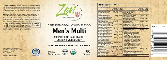 Zen Organic Men's Multi-Vitamin &amp Mineral Supplement Made from Organic Fruits Vegetables &amp Herbs (120)