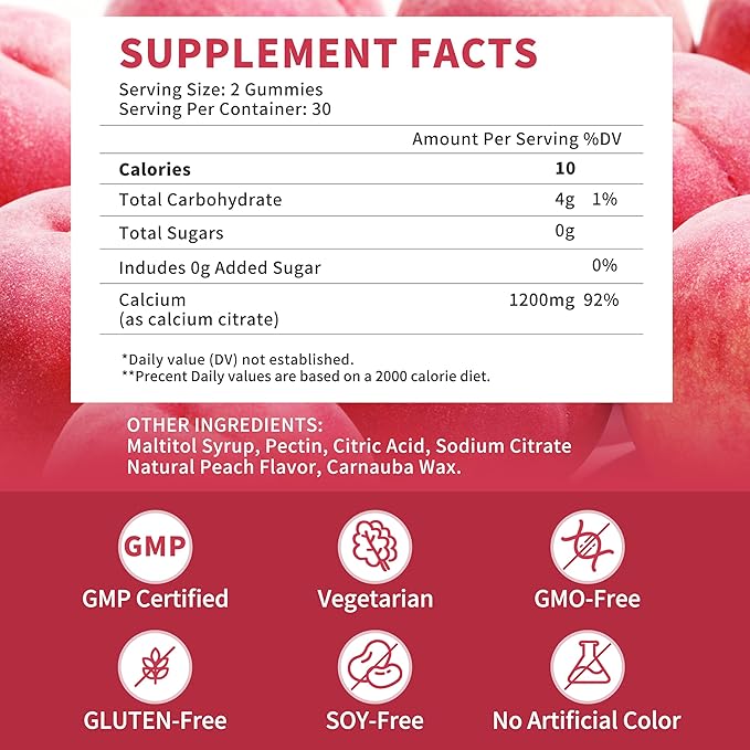 (3 Pack) 1200 mg Calcium Citrate Gummies Supplements for Women &amp MenPure Calcium Citrate Gummies for Bone Muscle &amp Immune Support - Easy to Digest Sugar FreeVeganPeach Flavor60 Day Suppl