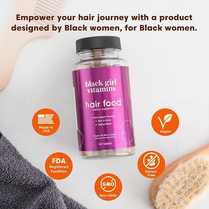 Black Girl Vitamins - Hair Food Biotin Supplement with Collagen for Hair Growth Support Vegan Gluten-Free 60ct