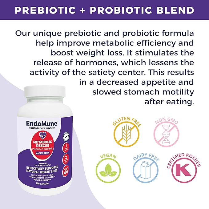 Endomune Metabolic Rescue Prebiotic and Probiotic - Physician Formulated - 120 Vegetarian Capsules - Weightloss Supplement
