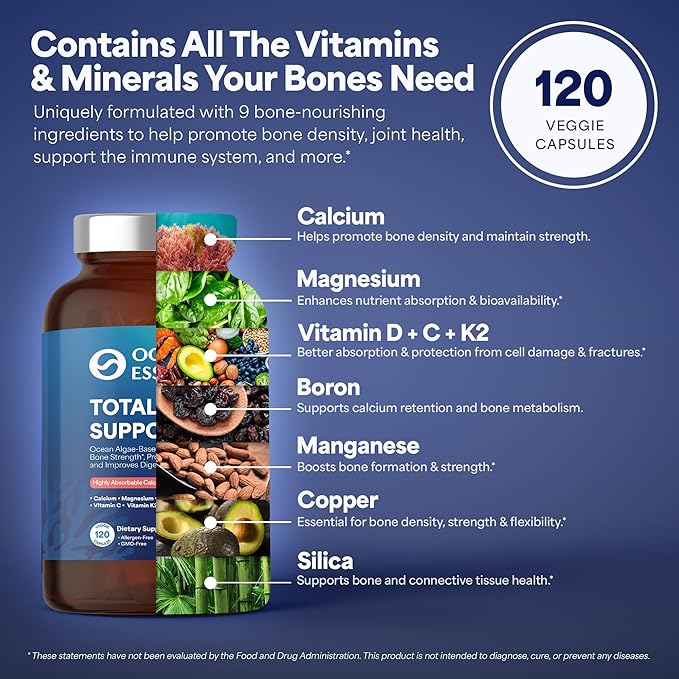 OCEAN ESSENCE Total Bone Support - Plant-Based Algae Calcium Supplement for Supporting Bone Density &amp Strength - for Men &amp Women 35+ - 120 Natural Calcium Capsules - Vitamins for Optimal Healt