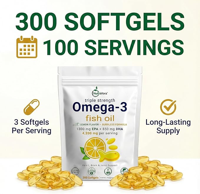 Triple Strength Omega-3 Fish Oil – 4200 mg Per Serving with 1300 mg EPA + 850 mg DHA – Lemon Flavor Burpless Formula – Wild-Caught Non-GMO Gluten-Free – 300 Softgels