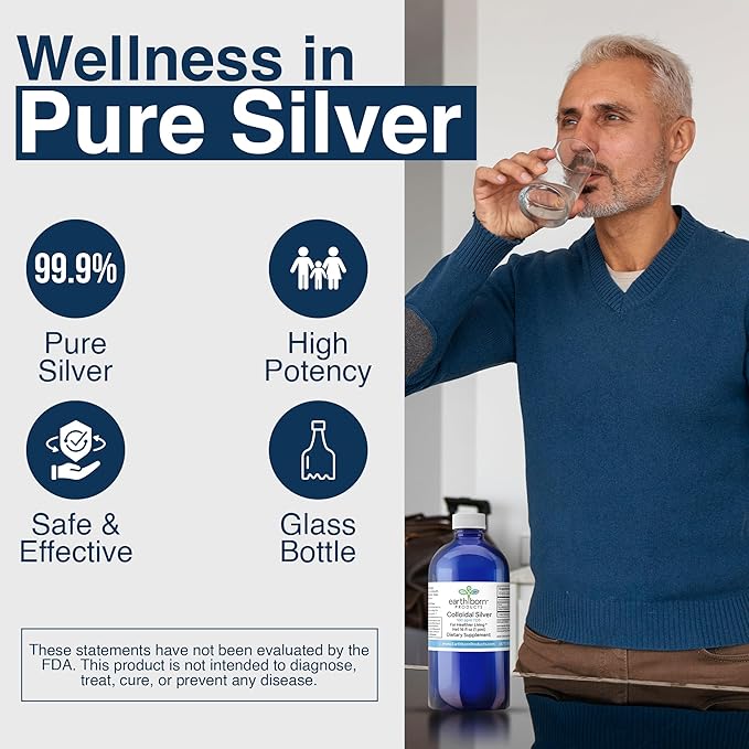 Earthborn Colloidal Silver Liquid (16oz) - 100PPM Pure Monatomic Silver Water - 99.9% Natural Nano Silver Liquid Supplement for Immune Support* Non-GMO Glass Bottle | Made in USA