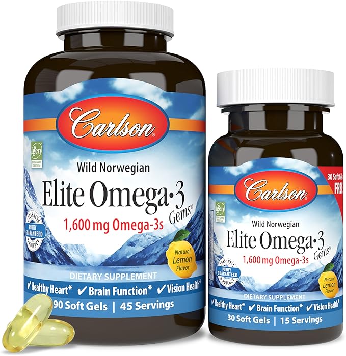 Carlson - Elite Omega-3 Gems1600 mg Omega-3 Fatty Acids Including EPA and DHANorwegian Wild-Caught fish oil SupplementSustainably Sourced Capsules Lemon 90+30 Softgels