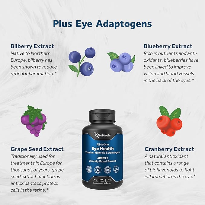 Naturalis Areds2 Clinically Based Eye Supplement | Lutein Zeaxanthin Astaxanthin Bilberry Blueberry Cranberry &amp Grape Seed Adaptogen Blend | 120 Vision Essential Softgels