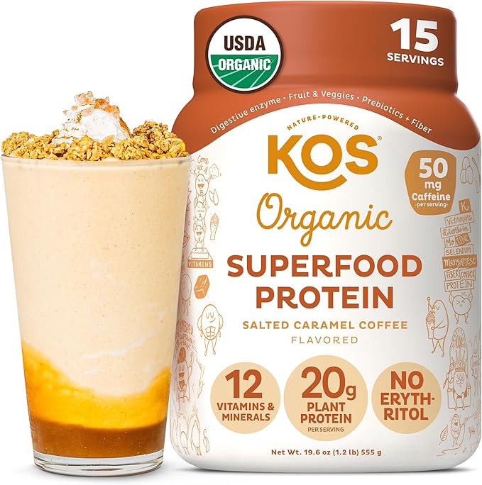 KOS Vegan Protein Powder Salted Caramel Coffee - Low Carb Pea Protein Blend Organic Plant Superfood Rich in Vitamins &amp Minerals - Keto Dairy Free - Meal Replacement for Women &amp Men - 15 Ser