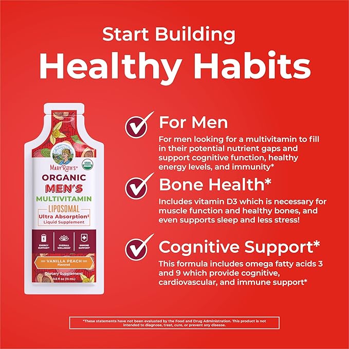 MaryRuth Organics Multivitamin for Men | USDA Organic | Sugar Free Mens Multivitamin Liposomal | Liquid Vitamins for Men | Immune Support Supplement &amp Overall Wellness | Vegan | 14-0.5 Fl Oz Pouch