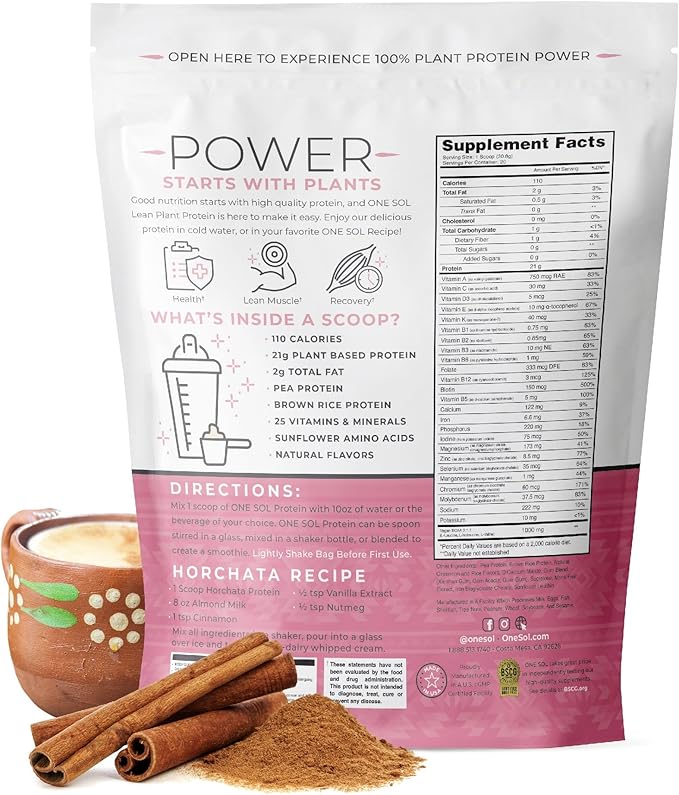 One Sol Lean Plant-Based Protein Powder Pea &amp Brown Rice Protein Low Carb Vegan Friendly - Gluten Lactose &amp Soy Free - No Added Sugar Non-GMO Clean Nutrition No Bloating (Horchata)
