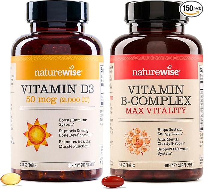 NatureWise Vitamin D3 2000iu 360 Count and Vitamin B Complex 150 Softgels - Healthy Muscle Function Immune Support Cellular Energy Mental Clarity