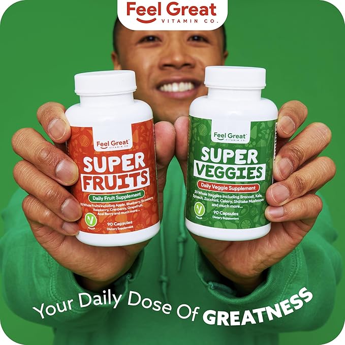 Feel Great Fruit and Vegetable Supplements | 20+ Super Reds &amp Greens for Natural Energy Support | Vegan Fruit and Veggie Vitamins | 2 Pack of 90 Count Each