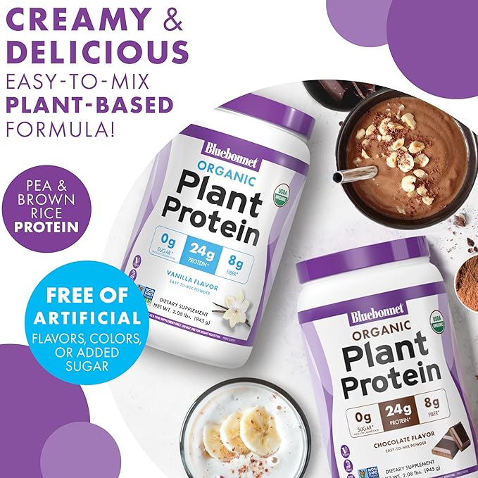 BlueBonnet Nutrition Organic Plant Protein Powder 24g Plant Based Protein Zero Sugar 8g Fiber USDA Organic Non-GMO Kosher Gluten-Free Soy-Free Vegan Vanilla Flavor 21 Servings 2.08 lbs