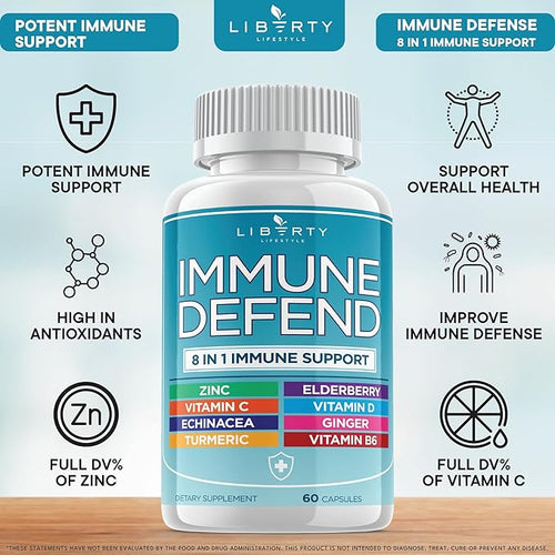 8 in 1 Immune Defense Support Immunity Vitamins Supplement Booster Zinc 50mg Vitamin C Elderberry VIT D3 5000 IU Turmeric Curcumin &amp Ginger Echinacea - Allergy Relief for Kids Adults (2 Pack)