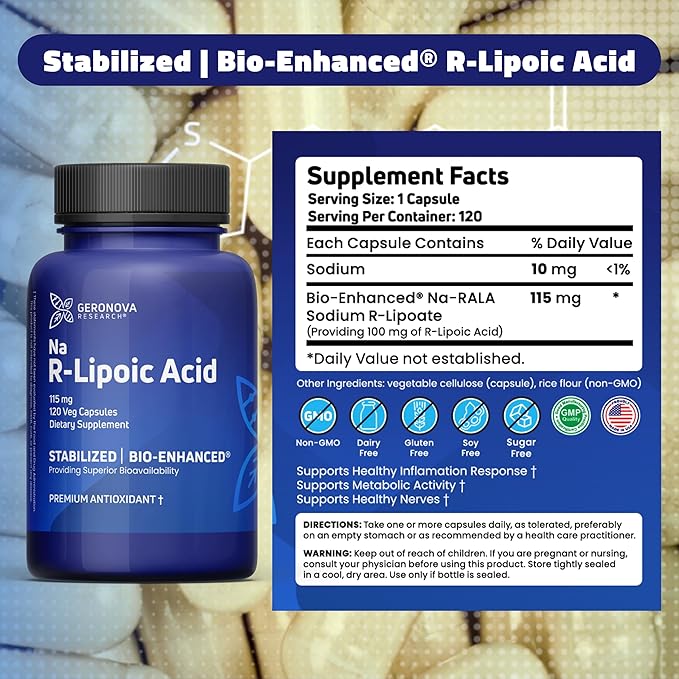 Geronova Research Bio-Enhanced R-Lipoic Acid 115 mg Capsules - 12 Month Supply - Stabilized R Alpha Lipoic Acid with Enhanced Absorption - R Lipoic Acid Supplement - 360 Count