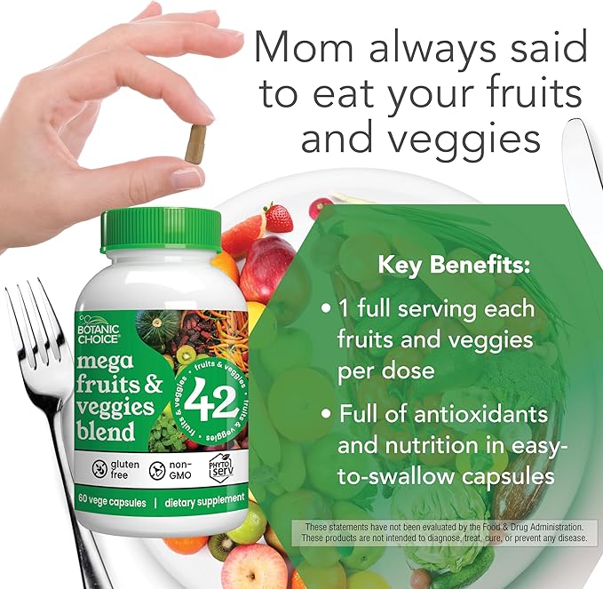 Botanic Choice Since 1910 - Mega Fruits &amp Veggies Blend - 42 Fruits and Vegetables - 2 Caps Daily - 60 Count Supplement
