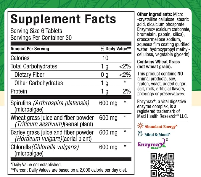 Super Greens Capsules – Green Vitality Tablets with Spirulina Wheat Grass Barley Grass &amp Chlorella – Natural Green Vitamins &amp Superfood Supplement for Energy Detox &amp Immune Support – 18