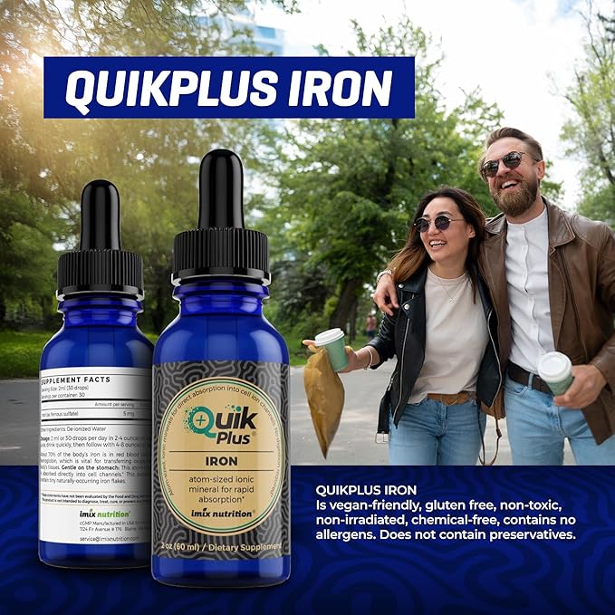 QuikPlus Iron Ionic Liquid Mineral Supplement for Hemoglobin &amp Ferritin – High Absorption Iron Supplement for Adults – Vegan Gluten-Free All Natural – 2 oz Bottle
