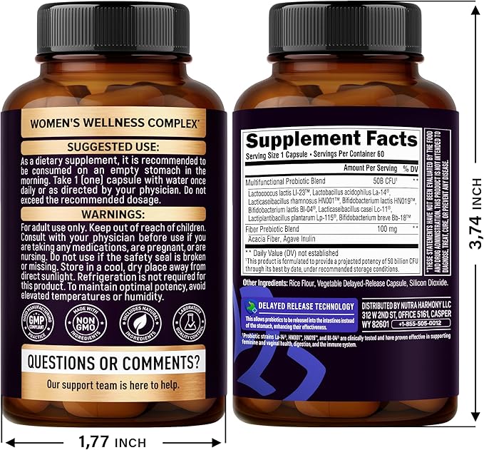 Probiotics for Women 50 Billion CFU - Vaginal Probiotics Clinically Proven for Yeast &amp pH Balance - Digestion &amp Bloating Relief - 8 Strains + Prebiotics - Delay Release - Made in USA 60 Capsu