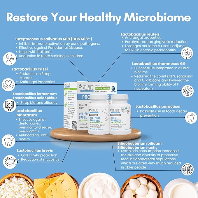 StellaLife Probiotics Oral &amp Gut Prebiotics Post Probiotics Kit: 44.5B CFU 11 Oral &amp 6 Gut Spore strains for Digestive &amp Dental Health Bad Breath Treatment Tongue Hygiene Strawberry Fl