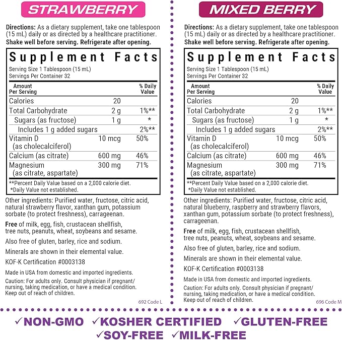 Bluebonnet Nutrition Liquid Calcium Magnesium Citrate &amp Vitamin D3 Daily Bone Support Supplement - Strawberry &amp Mixed Berry Bundle