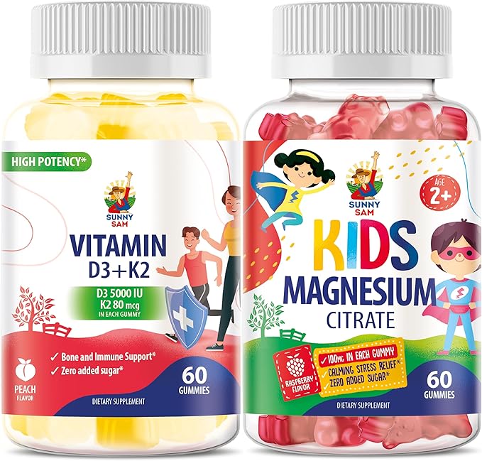 SUNNY SAM Vitamin D3 K2 Gummies 5000 IU &amp Magnesium Gummies for Kids Citrate Chewable Supplement for Mood &amp Muscle Support