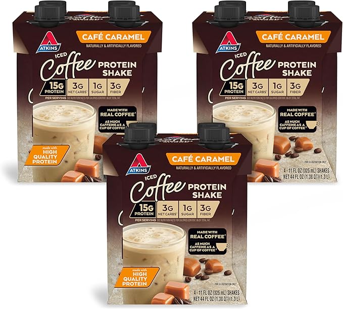 AtkinsCafé Caramel Iced Coffee Protein Shake 15g Protein Low Glycemic 3g Net Carb 1g Sugar &amp Creamy Vanilla Protein Shake 15g Protein Low Glycemic 2g Net Carb 1g Sugar Keto Friendly