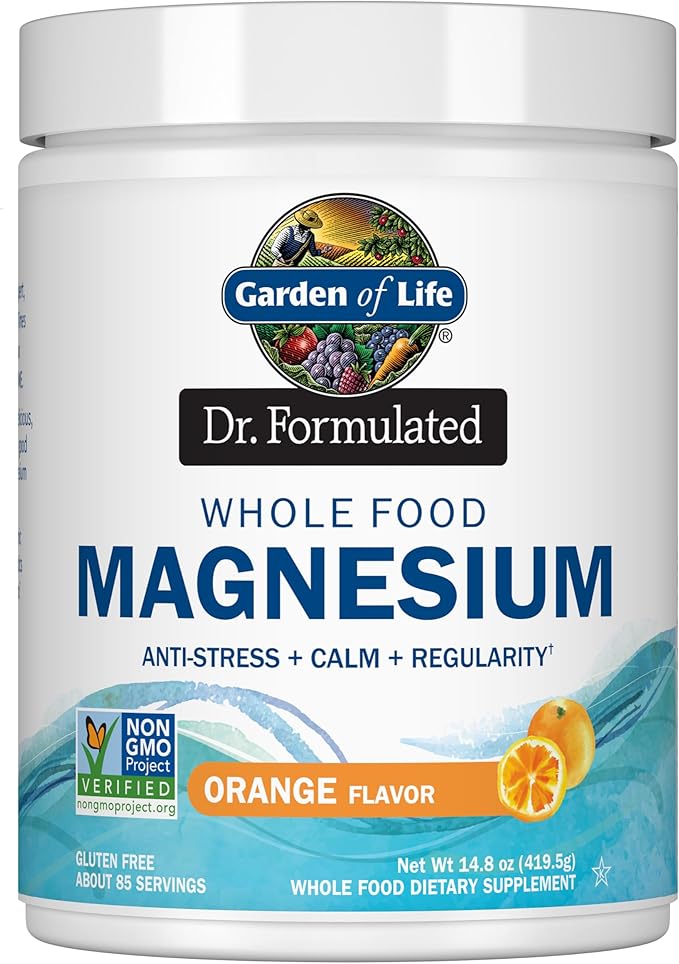 Garden of Life Dr. Formulated Whole Food Magnesium 419.5g Powder - Orange Chelated Non-GMO Vegan Kosher Gluten &amp Sugar Free Supplement with Probiotics - Best for Anti-Stress Calm &amp Regul
