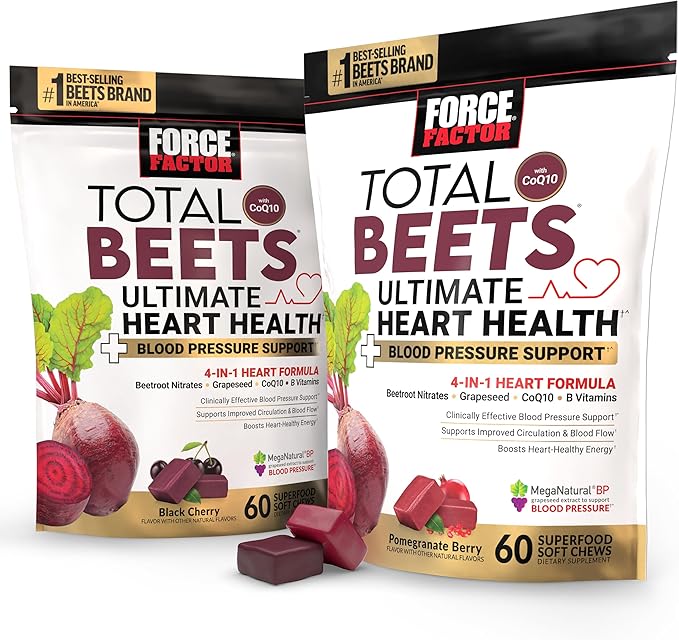 Bundle of Force Factor Total Beets Ultimate Heart Health Blood Pressure Support Chews with CoQ10 Beet Root Powder Grape Seed Extract Blood Pressure Supplement for Circulation &amp Blood Flow 120
