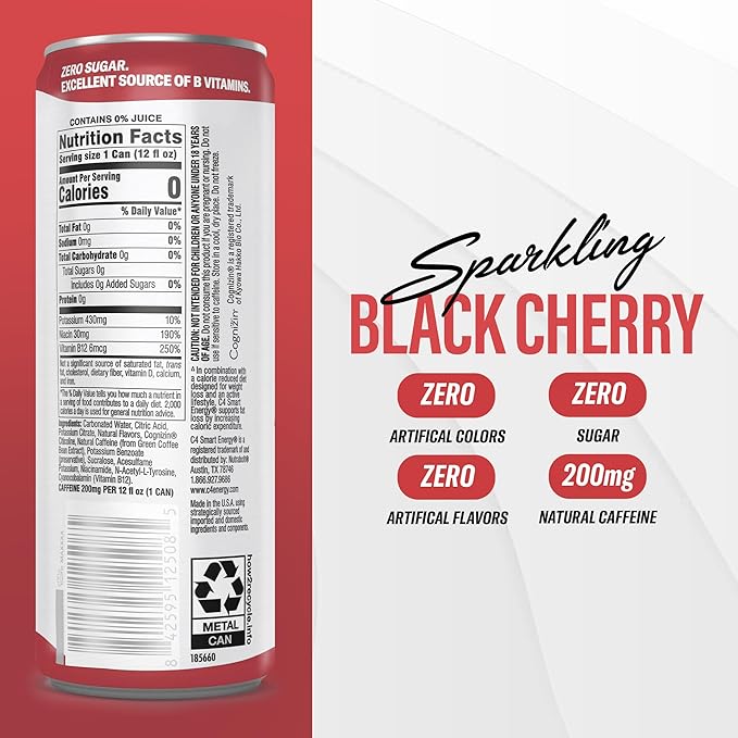 C4 Smart Energy Drink – Boost Focus and Energy with Zero Sugar Natural Energy and Nootropics - 200mg Caffeine - Black Cherry (12oz Pack of 12)
