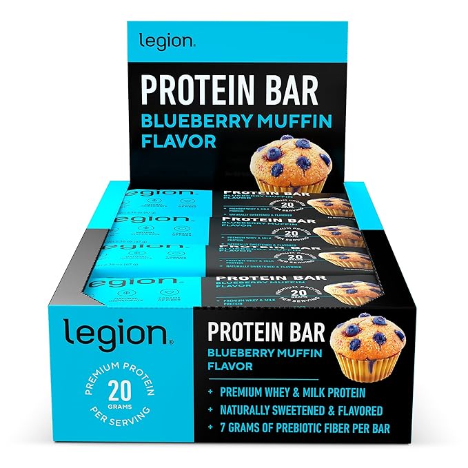 Legion Protein Bar Blueberry Muffin - 100% Whey Protein Soy Free Protein Bars with Prebiotic Fiber - Low Fat Healthy Protein Bar - Gluten Free Naturally Flavored Low Sugar Protein Bars (12 Count)