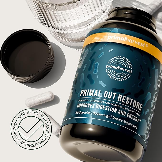 Primal Harvest 2 Pack Restore for Gut Health Primal Gut Restore w/POSTbiotics PREbiotics and PRObiotics for Women and Men 60 CT - Digestion Colon Cleanse Helps Leaky Gut Repair