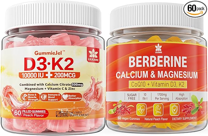 Sugar-Free Vitamin D3 K2 Gummies with Calcium Magnesium Citrate Vitamin C + Berberine Supplement Gummies with Liposomal Berberine &amp Berberine HCI Calcium Magnesium