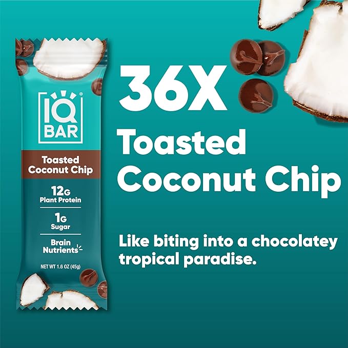 IQBAR Clean Plant Protein Bars - Toasted Coconut Chip - 36 Count - Keto Vegan High Fiber Gluten and Dairy Free Low Sugar Snack - Brain and Body Nutrients for Focus Energy Meal Replacement