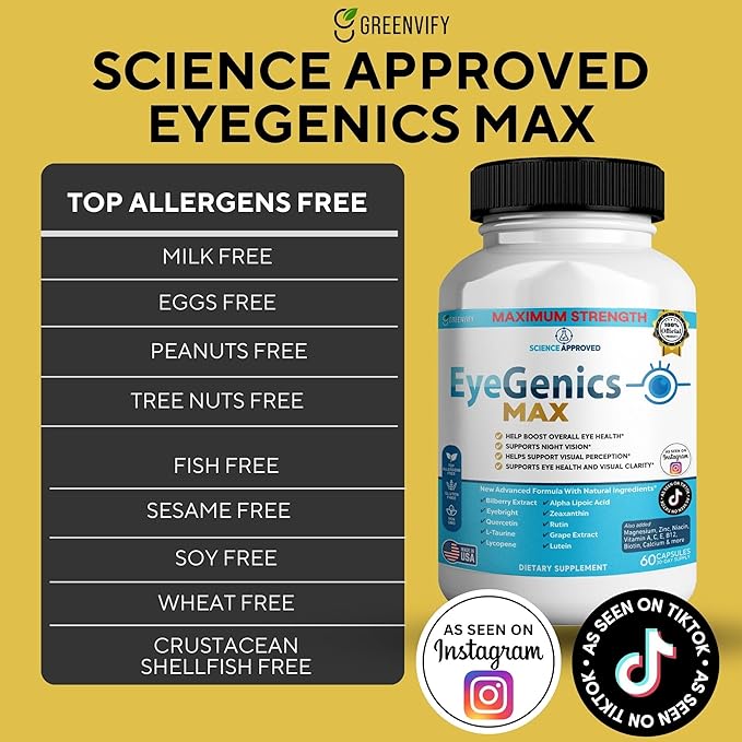 EyeGenics Max Vision Support Supplement 60 Capsules Maximum Strength Eye Health Formula with Lutein Bilberry Extract Vitamins (2)