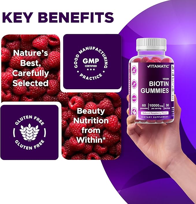 Vitamatic Biotin Gummies 10000 mcg for Stronger Hair Skin &amp Nails - 60 Vegan Gummies - Also Called Vitamin B7 (3 Bottles)