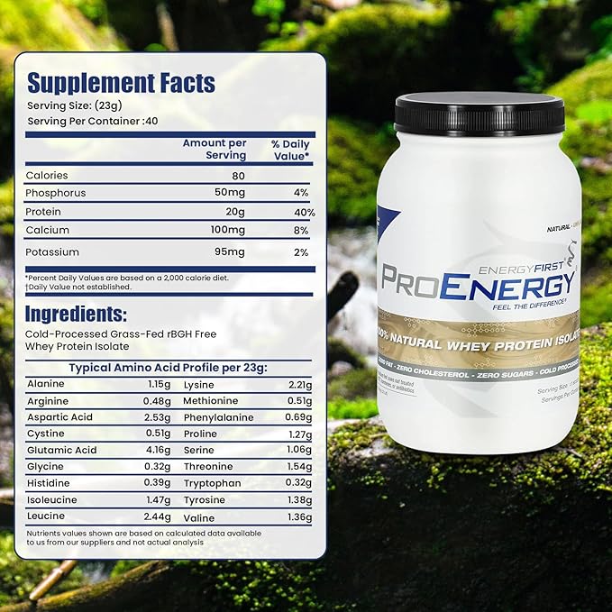 EnergyFirst Natural Grass Fed Whey Protein Isolate Powder Unflavored Protein Powder ProEnergy Protein Shake for Meal Replacement &amp Post Workout Recovery Non-GMO Sugar &amp Gluten Free 36 Serv