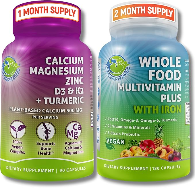Vegan Whole Food Multivitamin with Iron + Plant-Based Calcium Magnesium Zinc D3 K2 &amp Organic Turmeric – Complete Daily Supplement Bundle for Men &amp Women – Energy Immunity &amp Bone Suppo