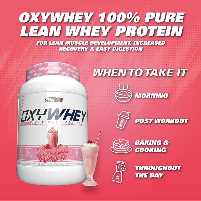 EHP Labs OxyWhey Whey Protein Isolate – 25g High Protein Low Carb Sugar Free Meal Replacement – Lean Whey Powder for Muscle Recovery – Non-GMO Gluten Free – 25 Serves – Strawb. Milkshake
