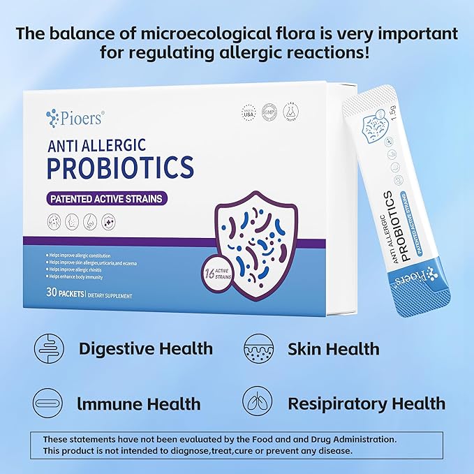 Pioers Probiotics for Men &amp Women Allergy Relief Probiotic Supplement for Skin Nose and Respiratory Comfort Gut Health &amp Immune Support 30 Bags/Box